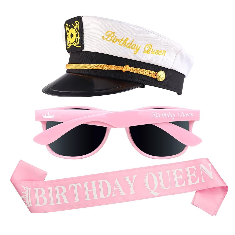 4138 Birthday Queen Captain's Hat, Sunglasses, Pink Sash Set - Bday Party